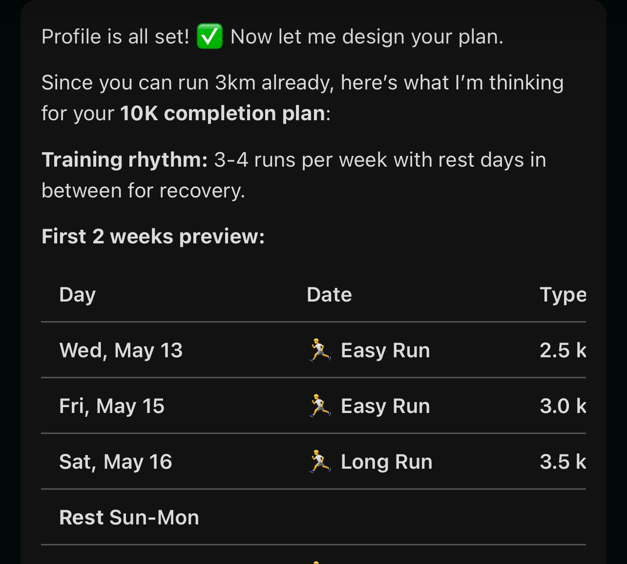 AimiRun AI 生成的 10 公里完赛训练计划预览